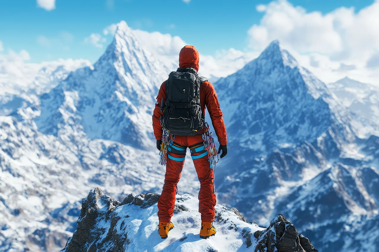 a backpack bearing man in an orange jacket stands on a snowy mou