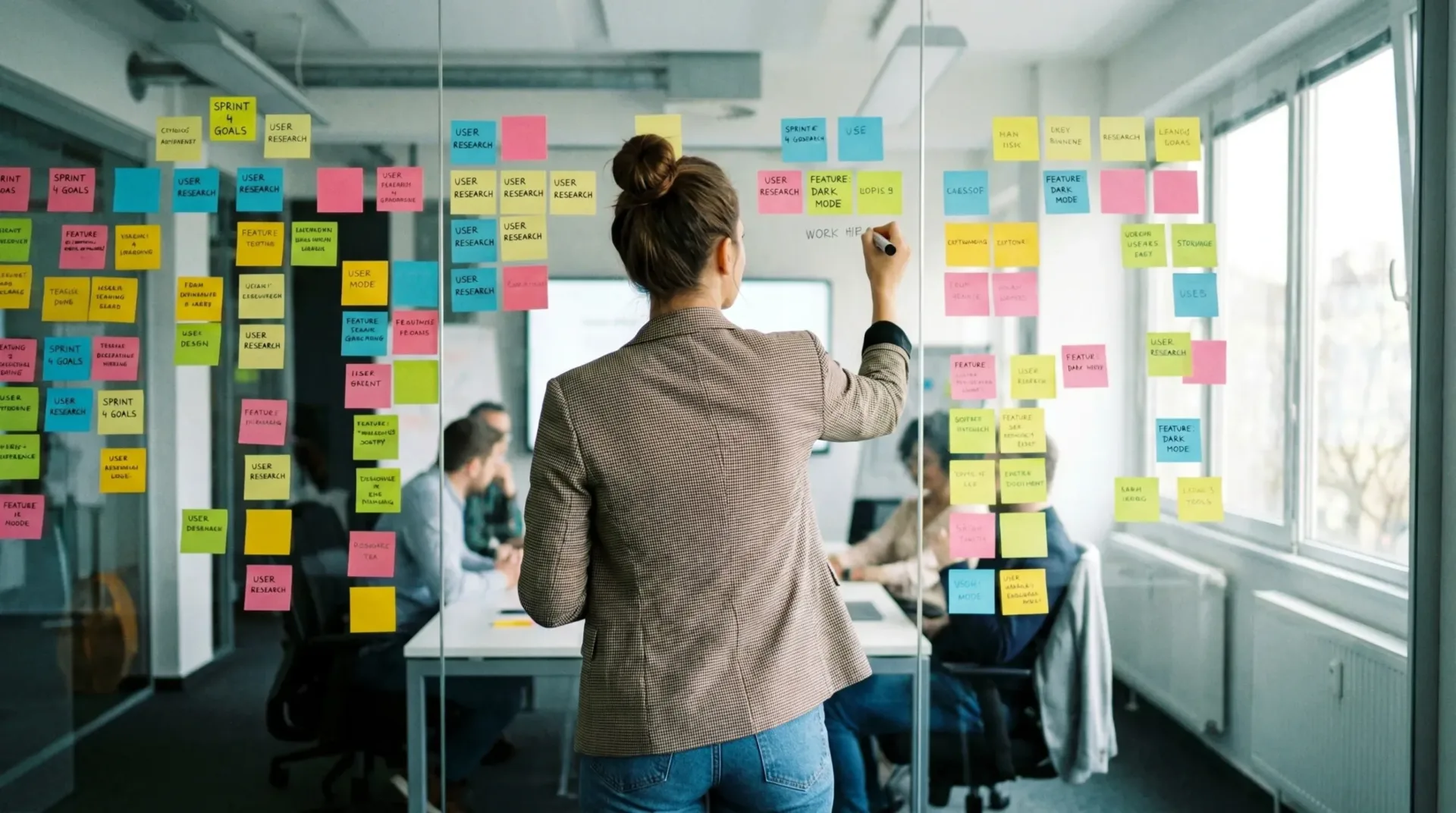 Projectmanager werkt met post-its op glazen wand tijdens een digitaal projecttraject