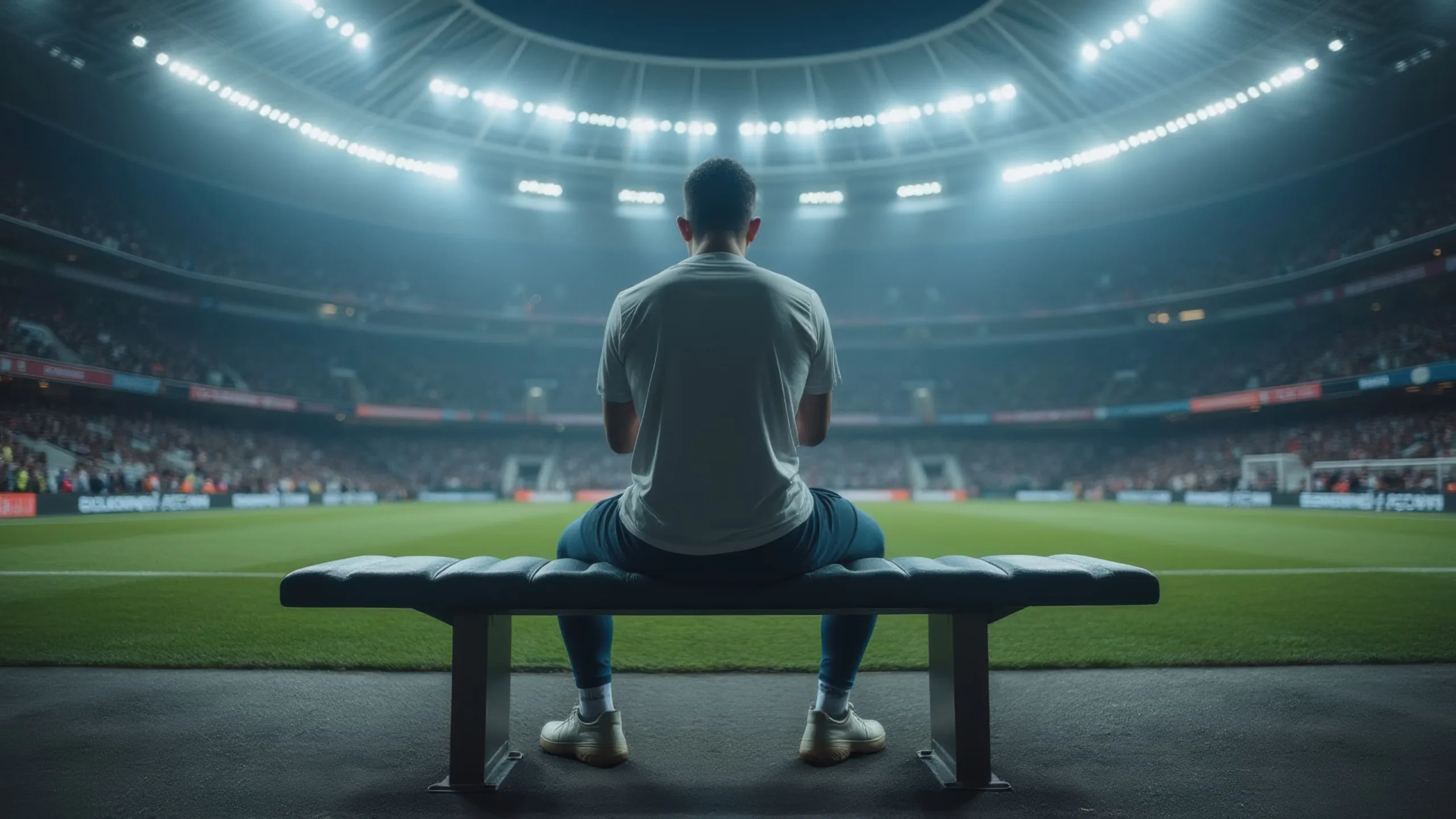 voetballer op bank in voetbalstadion met verlichting