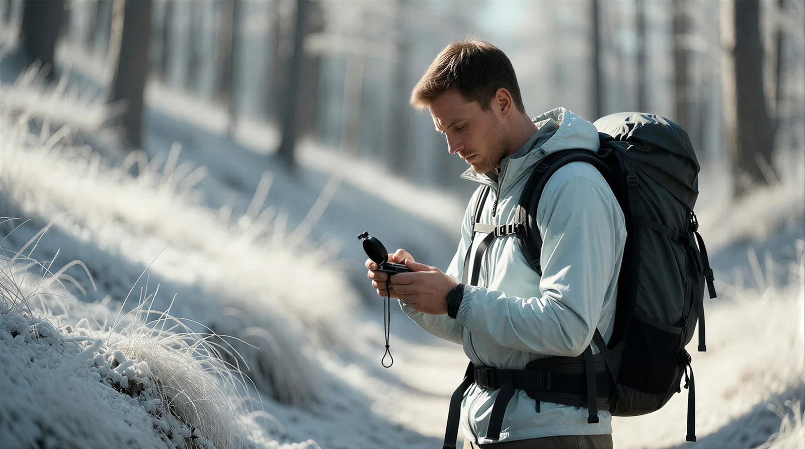 caucasian male hiker using a handheld gps navigation device in a